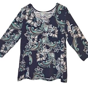 Croft & Barrow Black Blue Floral Scoop Neck Top Size XL